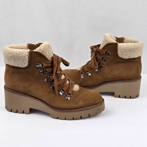Blondo Waterproof Lace-Up Suede Ankle Boots W/ Faux Shearling Lining Tan Size 7 - Picture 1 of 15